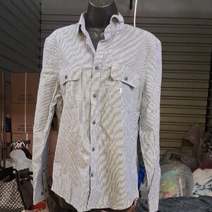 Express Men's Blue and White Striped Casual Shirt